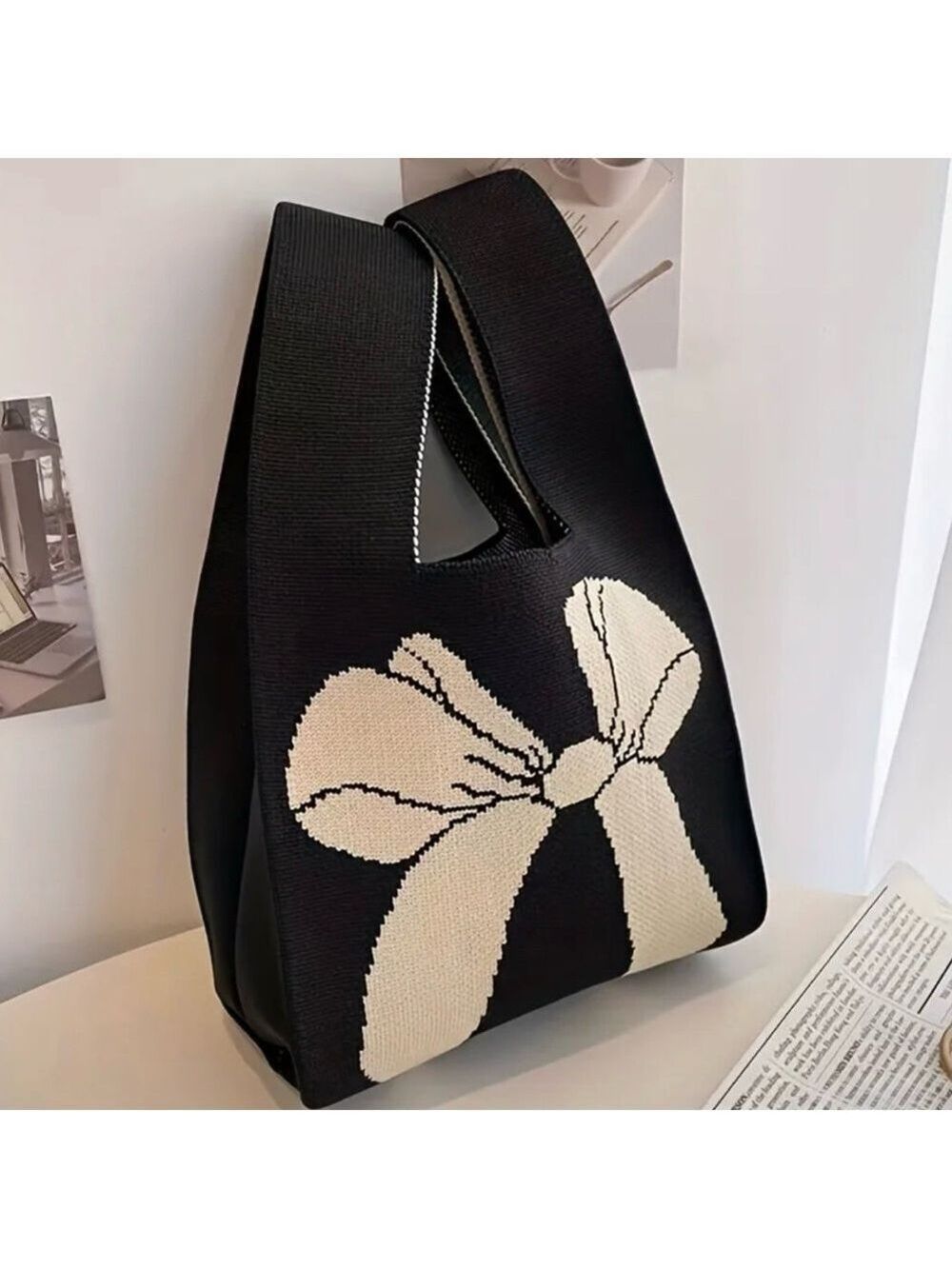 Heavy Woven Knit Bow Pattern Tote Purse Bag Japanese Knot Closure Style - Picture 3 of 4